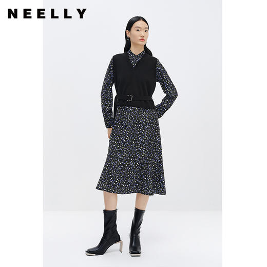 NEELLY纳俪商场同款立领碎花连衣裙女中长款A字裙V领马甲两件套N22111Y01113 商品图0