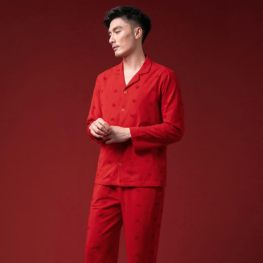 康妮雅睡衣家居服 男式长袖长裤开襟套装*玉红 商品图2