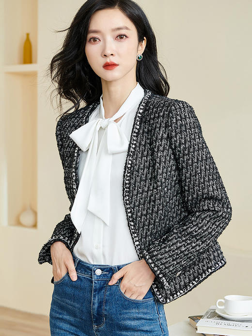 米思阳2026春季新款时尚气质直筒短外套黑白色长袖开衫外搭女3221 商品图2