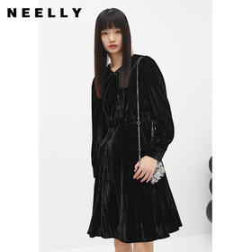 NEELLY纳俪商场同款黑色丝绒连衣裙女中长款收腰A字裙摆百搭时尚N22103Y01085