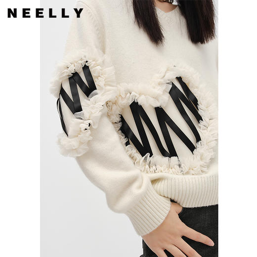 NEELLY纳俪商场同款气质V领针织衫女宽松慵懒感毛衣设计感套头衫N22103A01073 商品图2