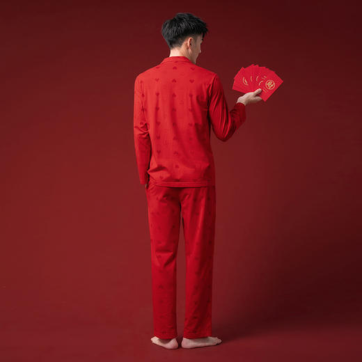 康妮雅睡衣家居服 男式长袖长裤开襟套装*玉红 商品图4