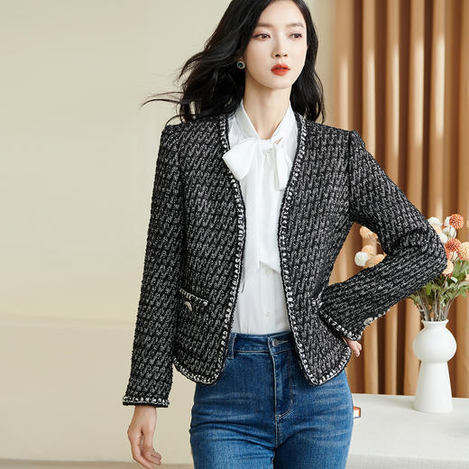 米思阳2026春季新款时尚气质直筒短外套黑白色长袖开衫外搭女3221 商品图0