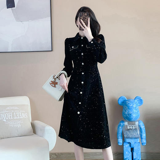 奢姿2024秋冬新款大码女装时尚气质法式连衣裙胖妹妹单排多扣裙子9923852325 商品图2