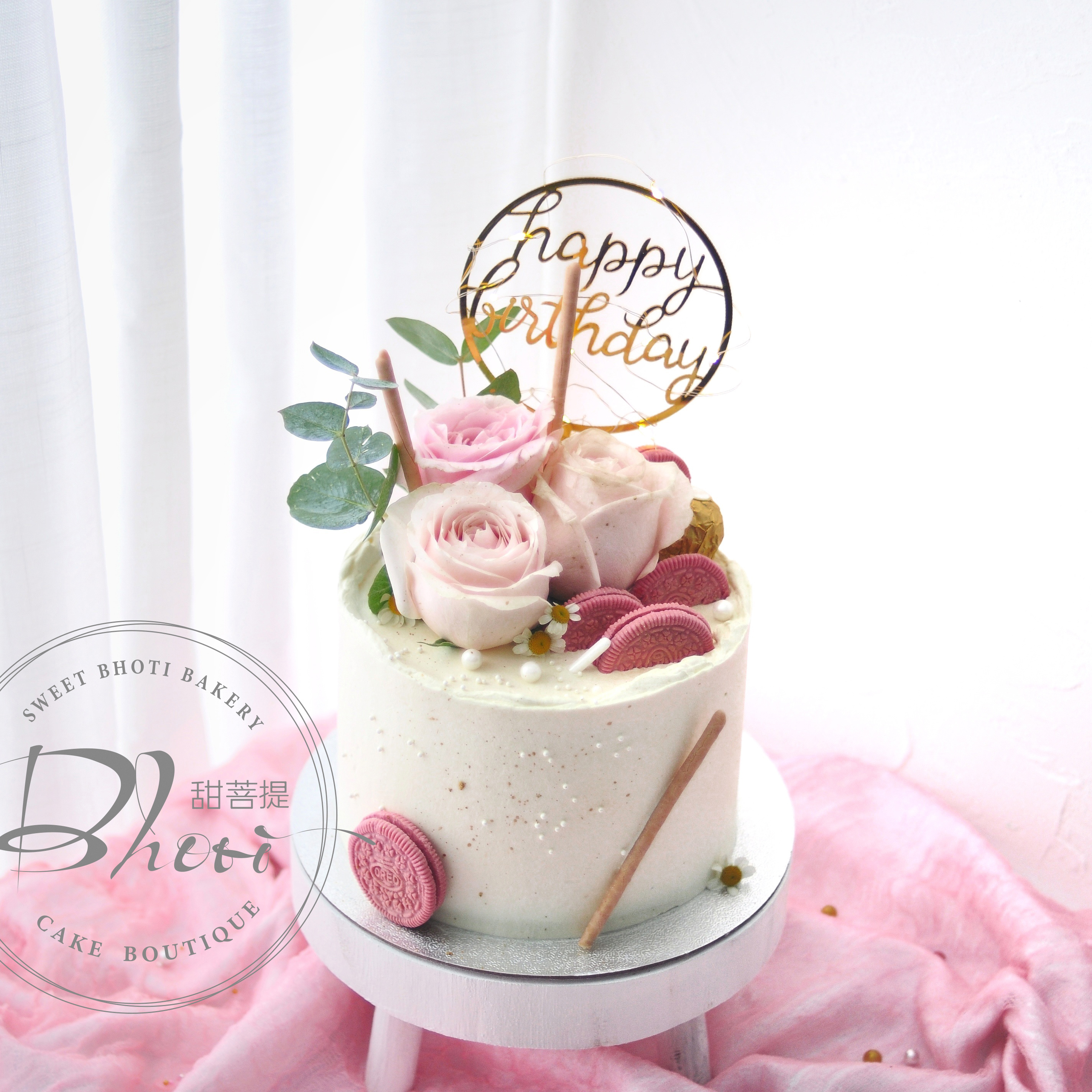 甜菩提系列（粉玫公主）英国进口纯动物奶油生日蛋糕0120【加高款】