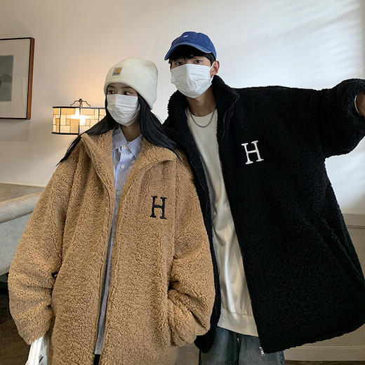【暖阳棉服 伴你过冬】情侣装冬季字母刺绣羊羔毛棉服男oversize加厚美式复古棉衣外套潮 商品图1