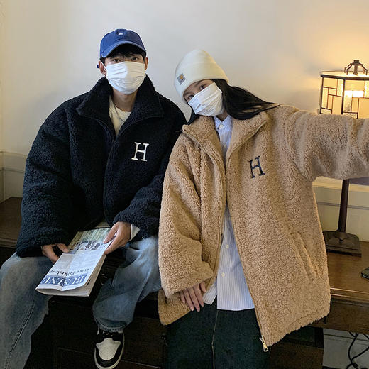 【暖阳棉服 伴你过冬】情侣装冬季字母刺绣羊羔毛棉服男oversize加厚美式复古棉衣外套潮 商品图3
