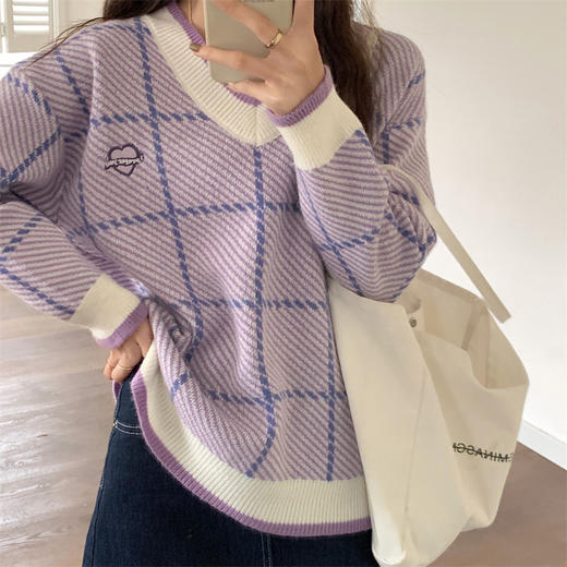 网红紫色V领软糯毛衣女2021秋新款宽松慵懒风别致针织上衣外套 商品图0