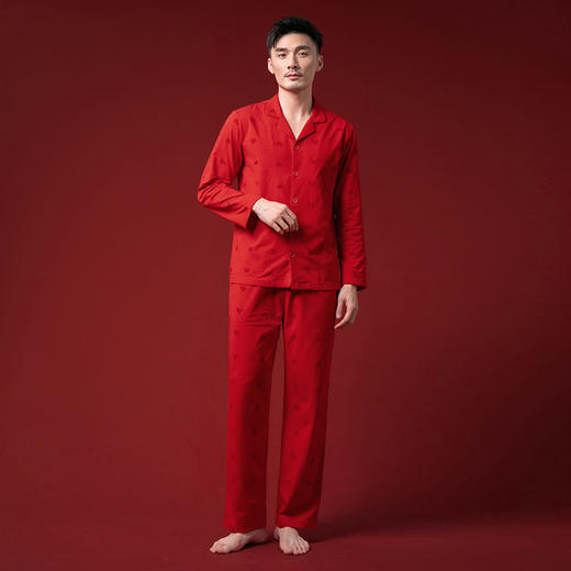 康妮雅睡衣家居服 男式长袖长裤开襟套装*玉红 商品图3