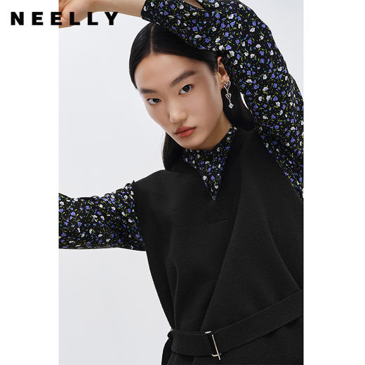 NEELLY纳俪商场同款立领碎花连衣裙女中长款A字裙V领马甲两件套N22111Y01113 商品图2