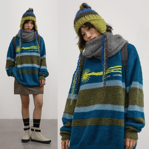 cryingcenter 泪屋系列 拼色条纹刺绣图案 仿熊毛 软糯毛衣 商品图1