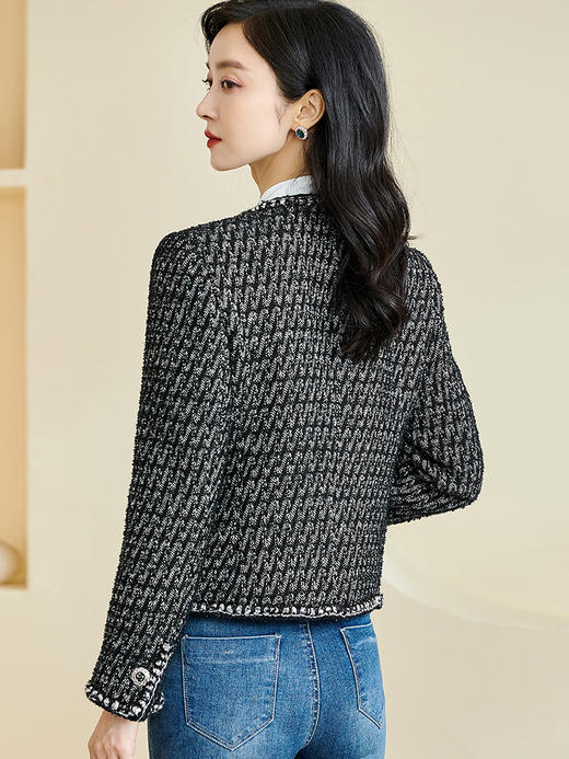 米思阳2026春季新款时尚气质直筒短外套黑白色长袖开衫外搭女3221 商品图3