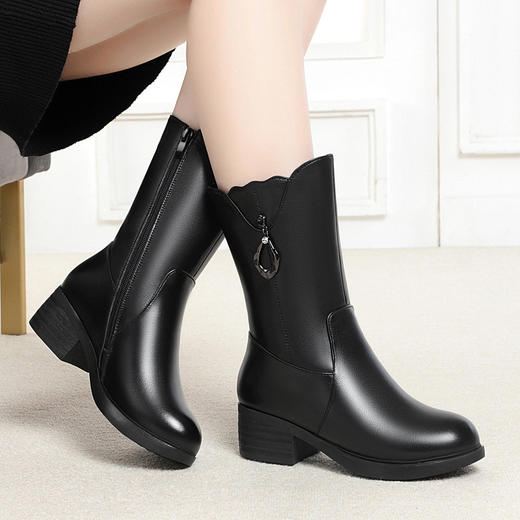 JSJ-AL/7707中筒靴女中跟加绒棉靴大码全羊毛里女棉鞋粗跟厚底女棉靴 商品图2