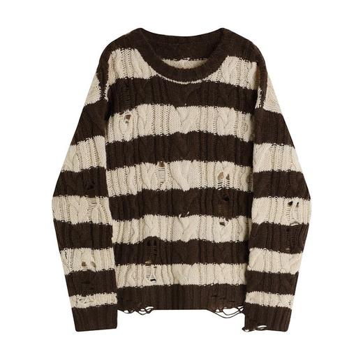 2022秋冬新款慵懒风设计感小众宽松破洞麻花套头中长款条纹毛衣女 商品图4