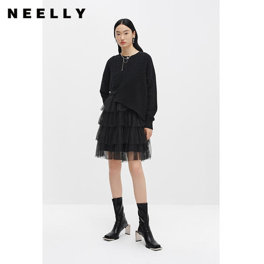 NEELLY纳俪商场同款针织拼接网纱连衣裙女中长款两件套设计蛋糕裙N22111Y01112 商品图1