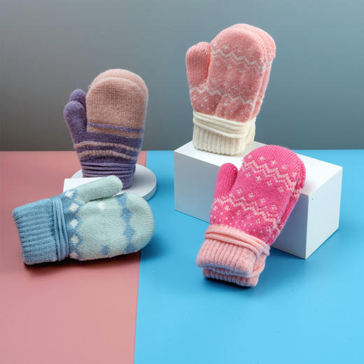 「4款配色！挂脖针织手套」儿童连指手套 女孩冬季针织加厚加绒保暖宝宝挂脖包指手套童装 商品图0