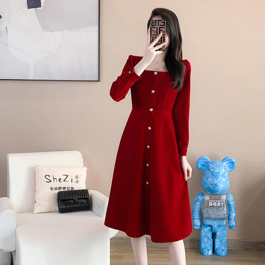 奢姿秋装新款大码女装时尚单排扣裙子胖妹妹气质方领连衣裙9923852324 商品图2