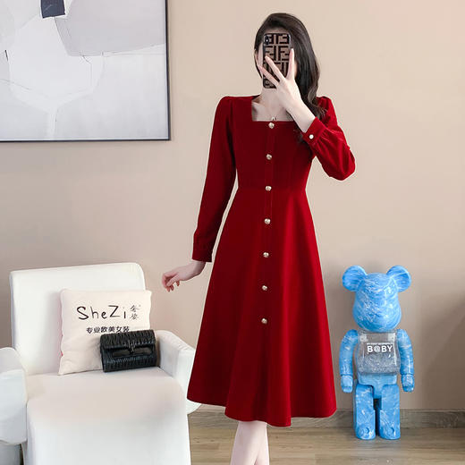 奢姿秋装新款大码女装时尚单排扣裙子胖妹妹气质方领连衣裙9923852324 商品图0