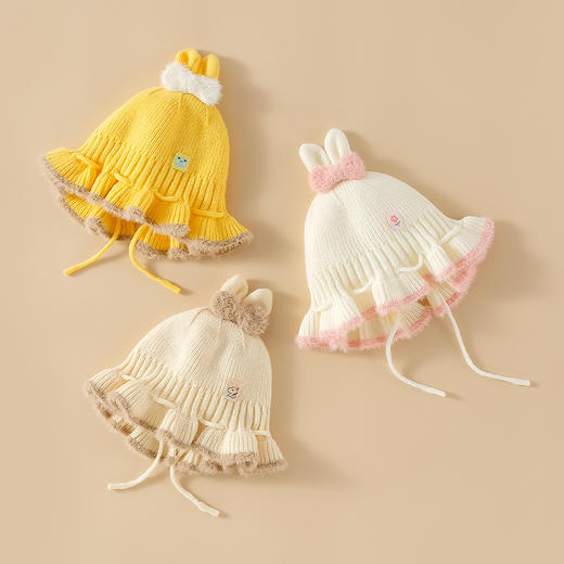 【荷叶卷边 灵动萌趣 弹力柔软 呵护温暖】秋冬新款儿童可爱胎帽兔耳帽宝宝毛线帽子护耳保暖针织帽婴儿盆帽 商品图1