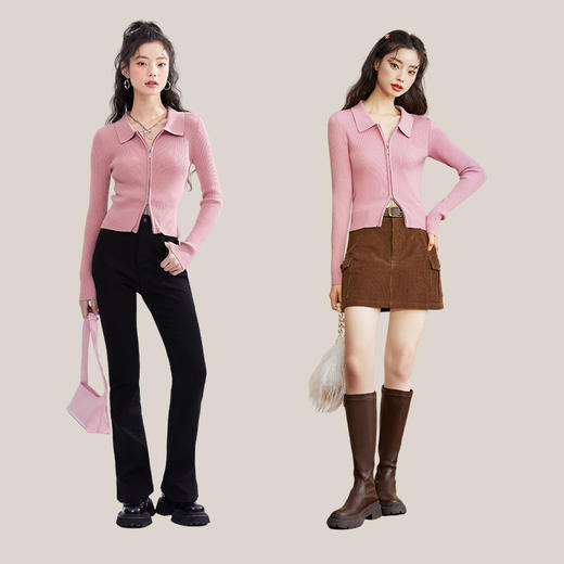 西遇POLO领针织衫女早新款甜美辣妹粉色短款毛衣上衣D1621345 商品图1