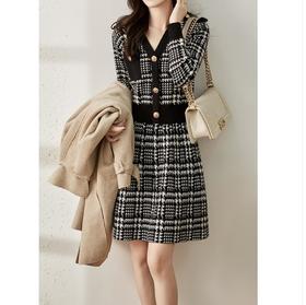 新款时髦气质名媛收腰显瘦打底洋气小香风千鸟格针织连衣裙