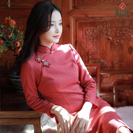 逸红颜旗袍2025年新款秋冬季 子书 针织弹力几何图案侧开叉传统复古 商品图1