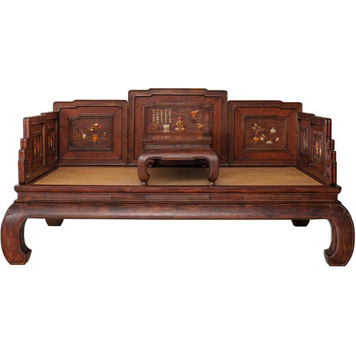 清 红木镶瘿木百宝嵌博古图七屏风式罗汉床及炕桌 商品图5
