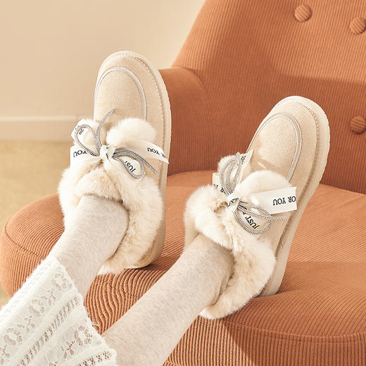 西遇雪地靴冬女2022年新款加绒保暖可爱蝴蝶结一脚蹬短筒加厚棉鞋22023793 商品图2