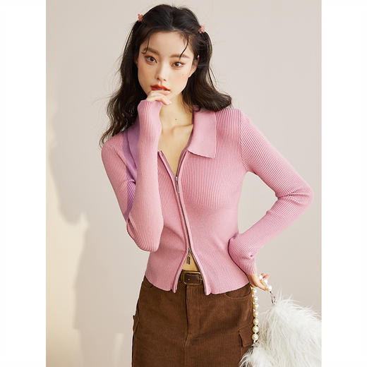 西遇POLO领针织衫女早新款甜美辣妹粉色短款毛衣上衣D1621345 商品图2