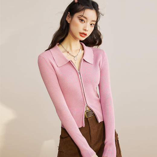 西遇POLO领针织衫女早新款甜美辣妹粉色短款毛衣上衣D1621345 商品图0