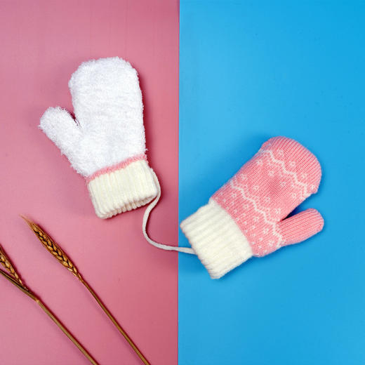 「4款配色！挂脖针织手套」儿童连指手套 女孩冬季针织加厚加绒保暖宝宝挂脖包指手套童装 商品图1