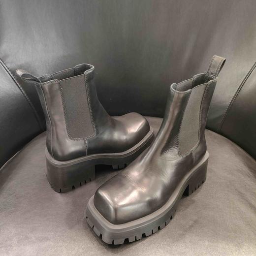 LFGJ 6150  真皮烟筒靴时尚方头粗跟切尔西靴女松紧口厚底短靴 商品图3