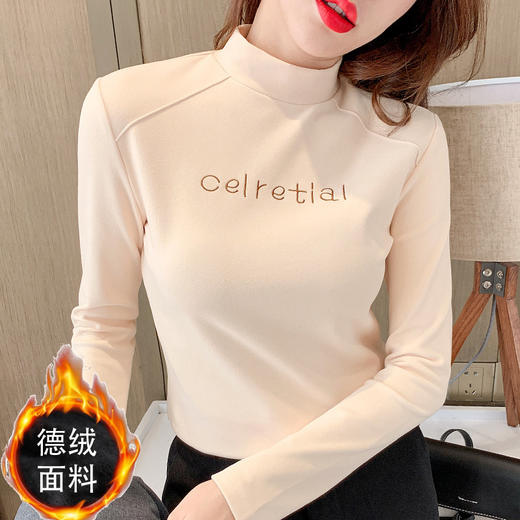 双面德绒保暖上衣女半高领刺绣打底衫女秋冬休闲内搭t恤长袖女装 商品图0