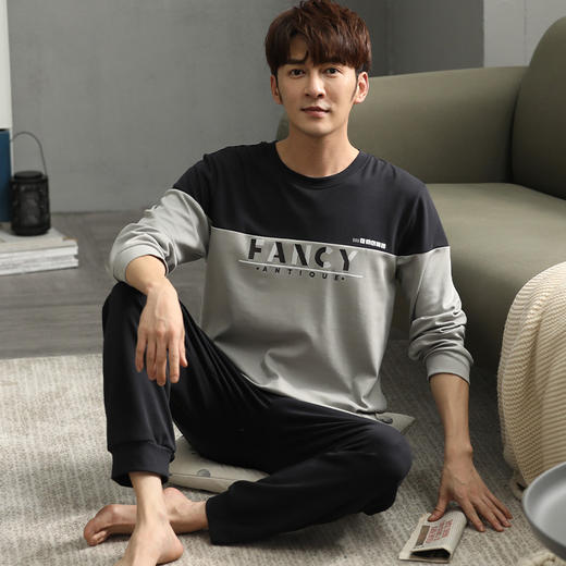 新品纯棉男士睡衣长袖长裤可外穿圆领透气两件套家居服男 商品图8