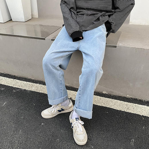也米风尚|秋冬男士港风潮流ins韩版男装宽松直筒休闲裤纯色牛仔裤 商品图2