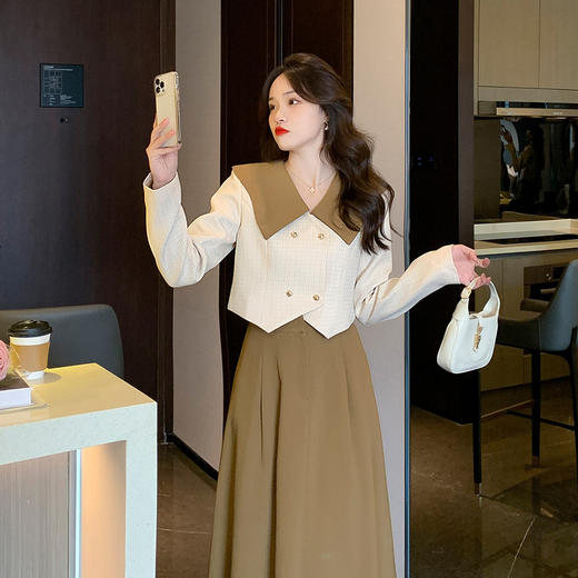 【服装鞋包】-法式复古翻领上衣气质半身裙长裙时尚两件套 商品图0