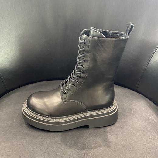 LFGJ 6152 中筒马丁靴女英伦风真皮粗跟厚底套筒侧拉链短靴 商品图1