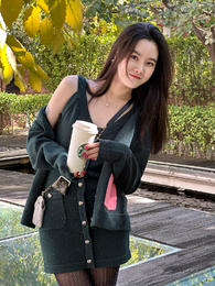 DUO智仙生 黑标系列 巴黎胶囊亮片针织松柏绿羊毛开衫和连衣裙