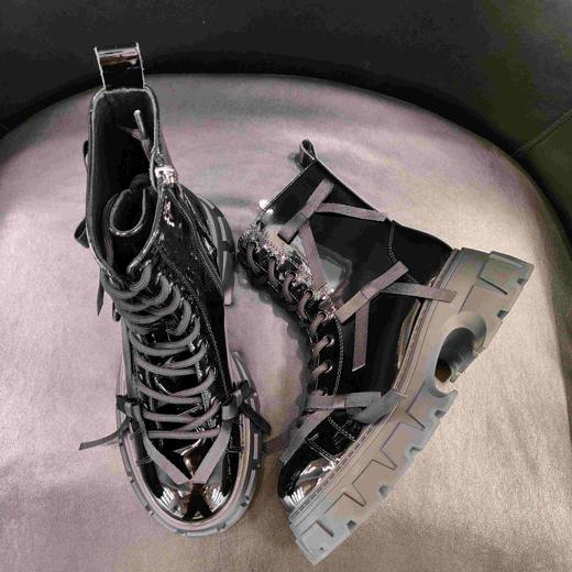 LFGJ 15003 真皮圆头漆皮蝴蝶结厚底马丁靴女粗跟英伦短靴 商品图4