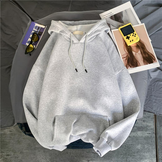 秋冬季ins港风连帽纯色加绒卫衣男潮流学生宽松bf套头衫休闲外套 商品图3