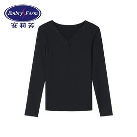 安莉芳秋冬新品蕾丝V领长袖暖衣上装女士修身打底棉毛衫ED00259