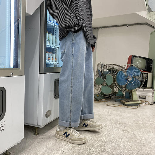 也米风尚|秋冬男士港风潮流ins韩版男装宽松直筒休闲裤纯色牛仔裤 商品图3