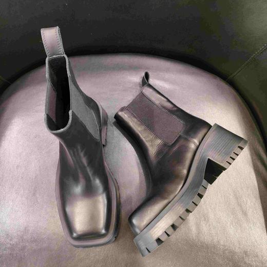 LFGJ 6150  真皮烟筒靴时尚方头粗跟切尔西靴女松紧口厚底短靴 商品图5