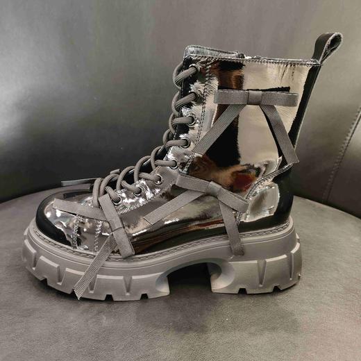 LFGJ 15003 真皮圆头漆皮蝴蝶结厚底马丁靴女粗跟英伦短靴 商品图1