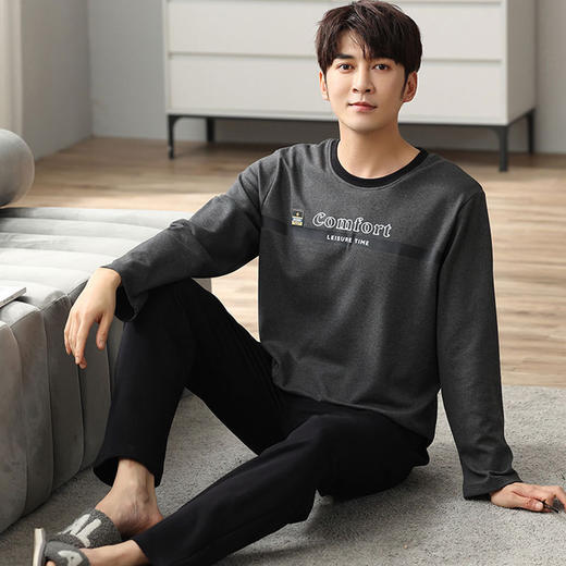 新品纯棉男士睡衣长袖长裤可外穿圆领透气两件套家居服男 商品图7