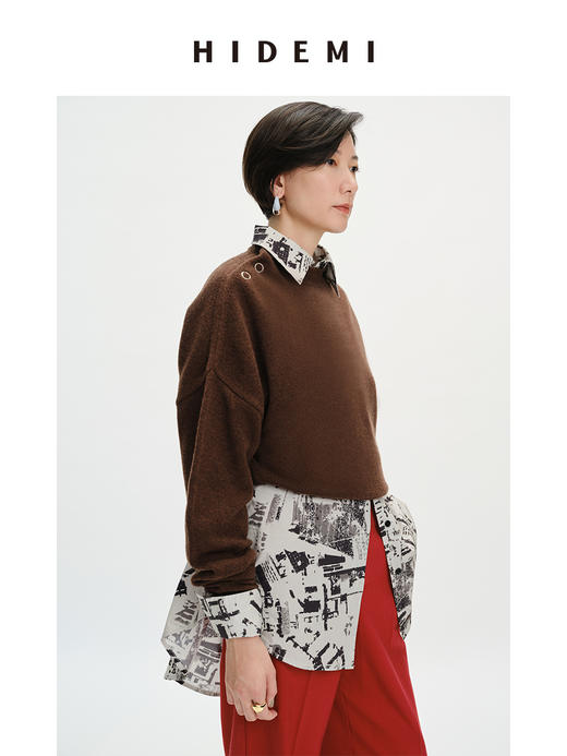 HIDEMI美利奴羊毛纽扣羊腿弧形袖极简毛衣 白色/巧克力色 商品图12