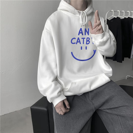 秋冬季ins港风加绒印花连帽卫衣男宽松套头潮流百搭圆领bf体恤衫 商品图3