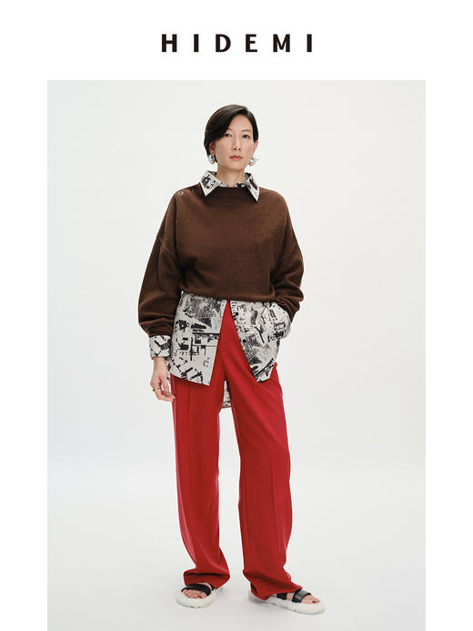 HIDEMI美利奴羊毛纽扣羊腿弧形袖极简毛衣 白色/巧克力色 商品图11