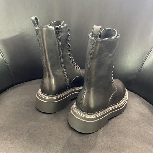 LFGJ 6152 中筒马丁靴女英伦风真皮粗跟厚底套筒侧拉链短靴 商品图3