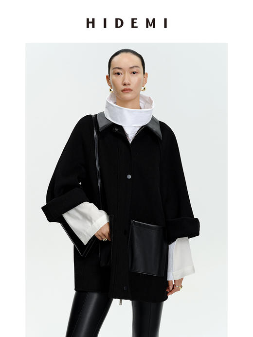 HIDEMI 美利奴羊毛廓形拼皮口袋中长款皮衣大衣 商品图4